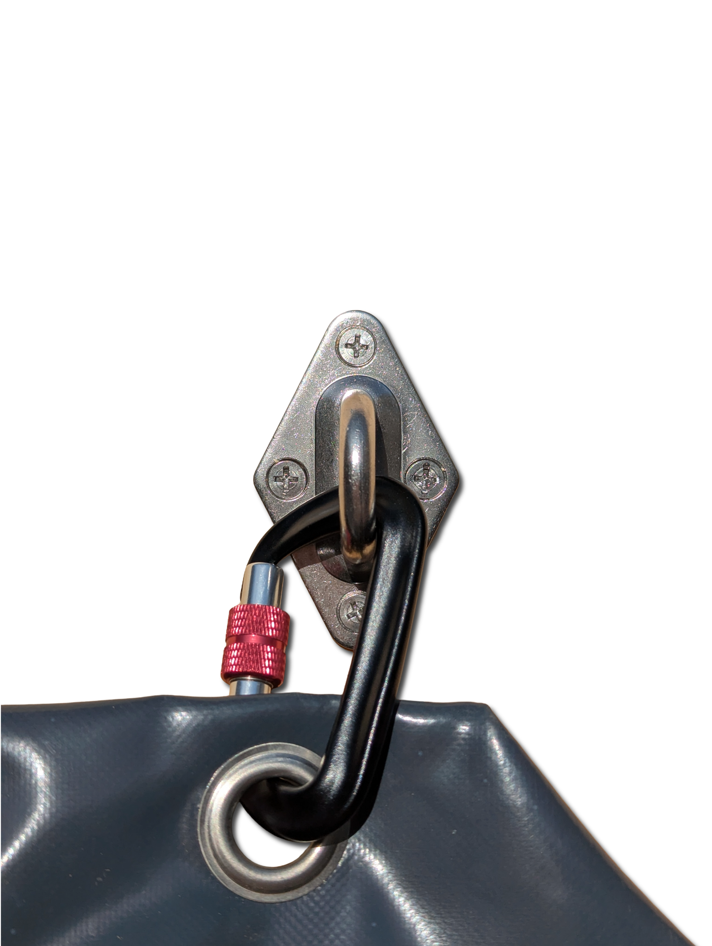 HayMount is a metal hook with a carabiner attached to the HayDrop's metal eyelets for secure mounting